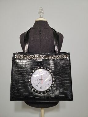 Vintage Far Nine Women's Patent Leather Clock Time Tote Purse Stud Bling Black